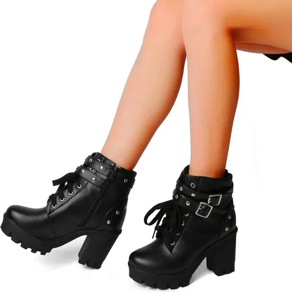Goth Boots Microfiber Chunky Heel Ankle Combat Zipper Punk Shoes Women